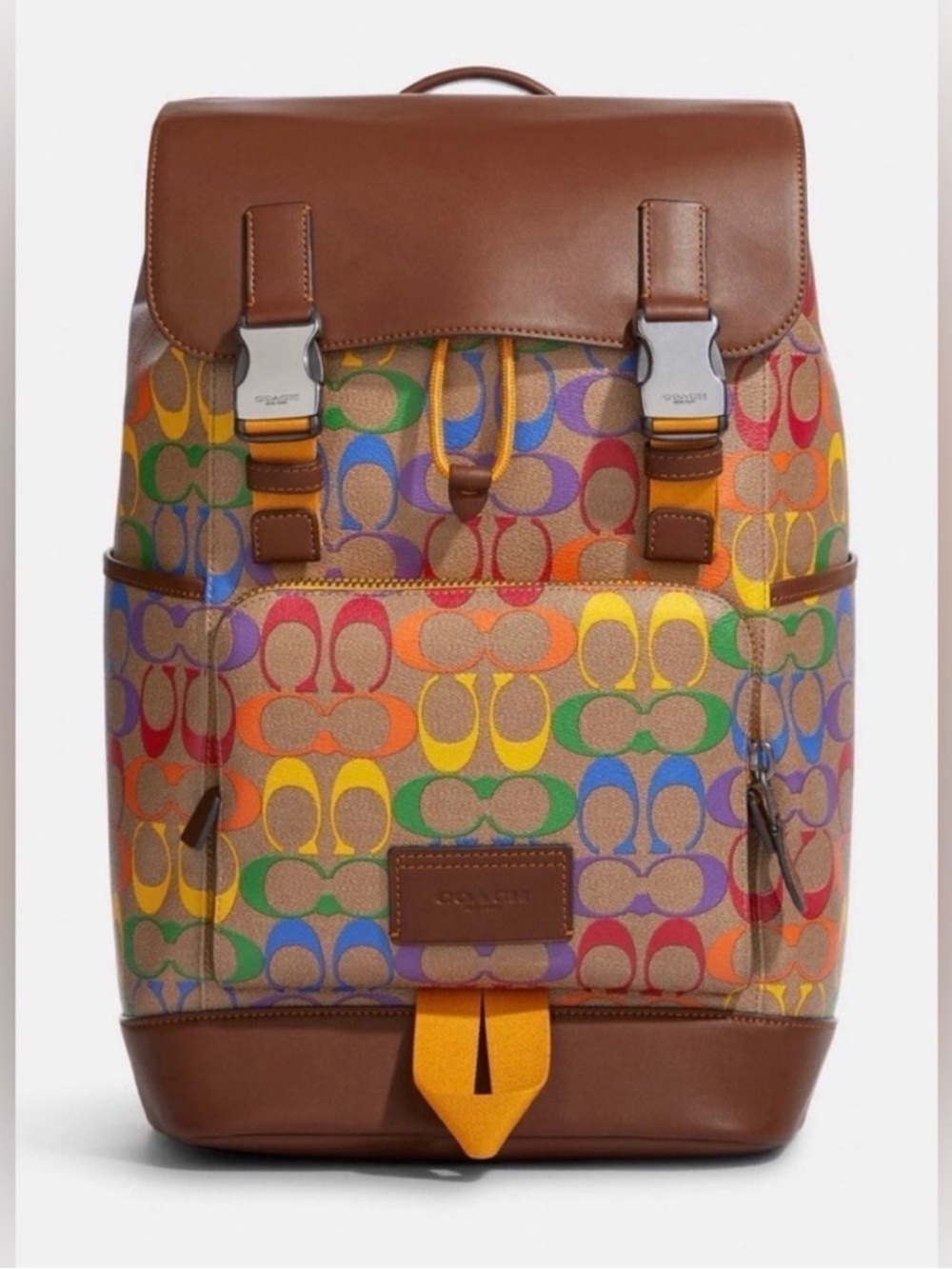 Coach Multicolor Signature Canvas Backpack with Brown Leather Trim